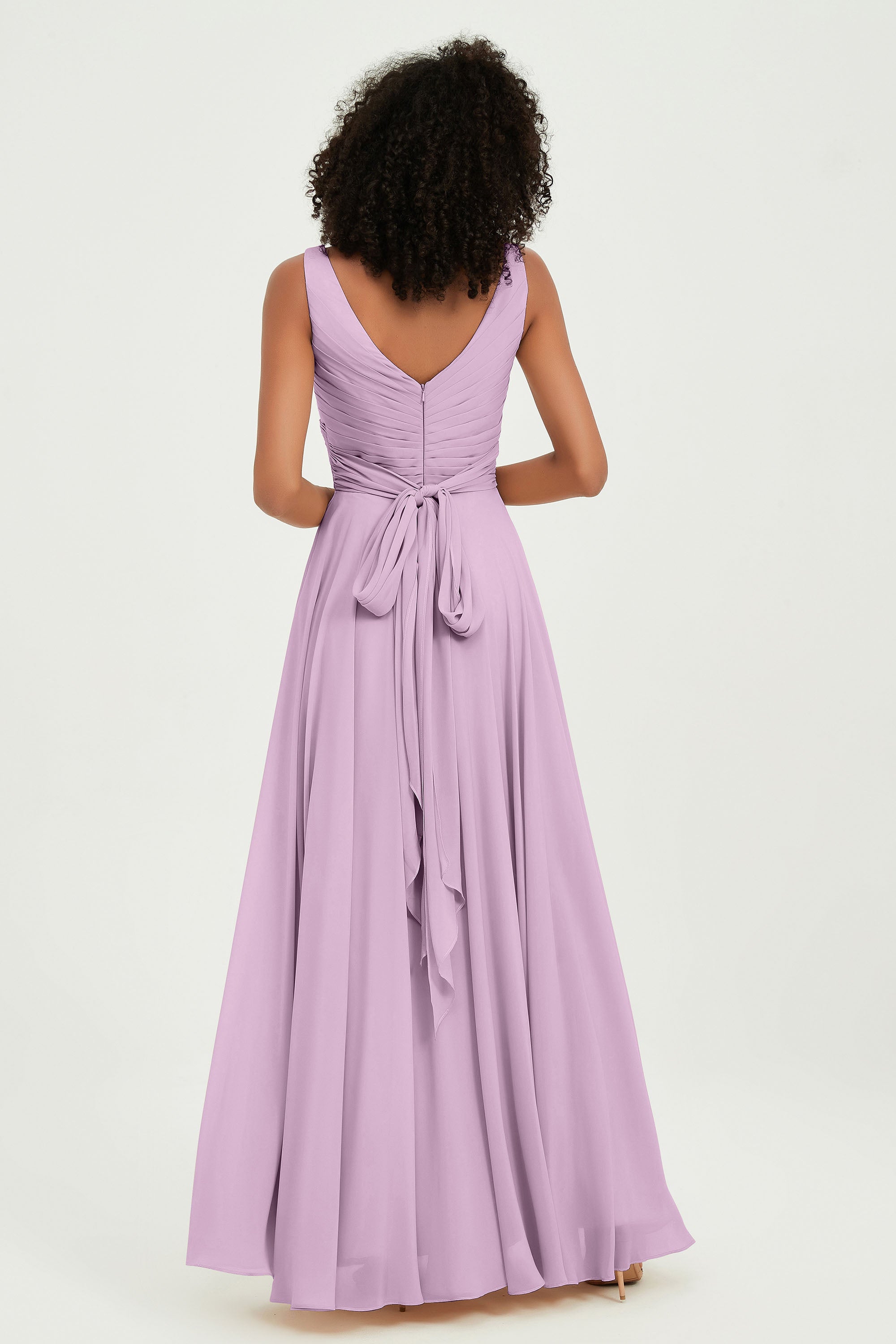 V Neck Chiffon Sleeveless Bridesmaid Dress Pleated Formal Evening Prom Dresses with Bow Sash