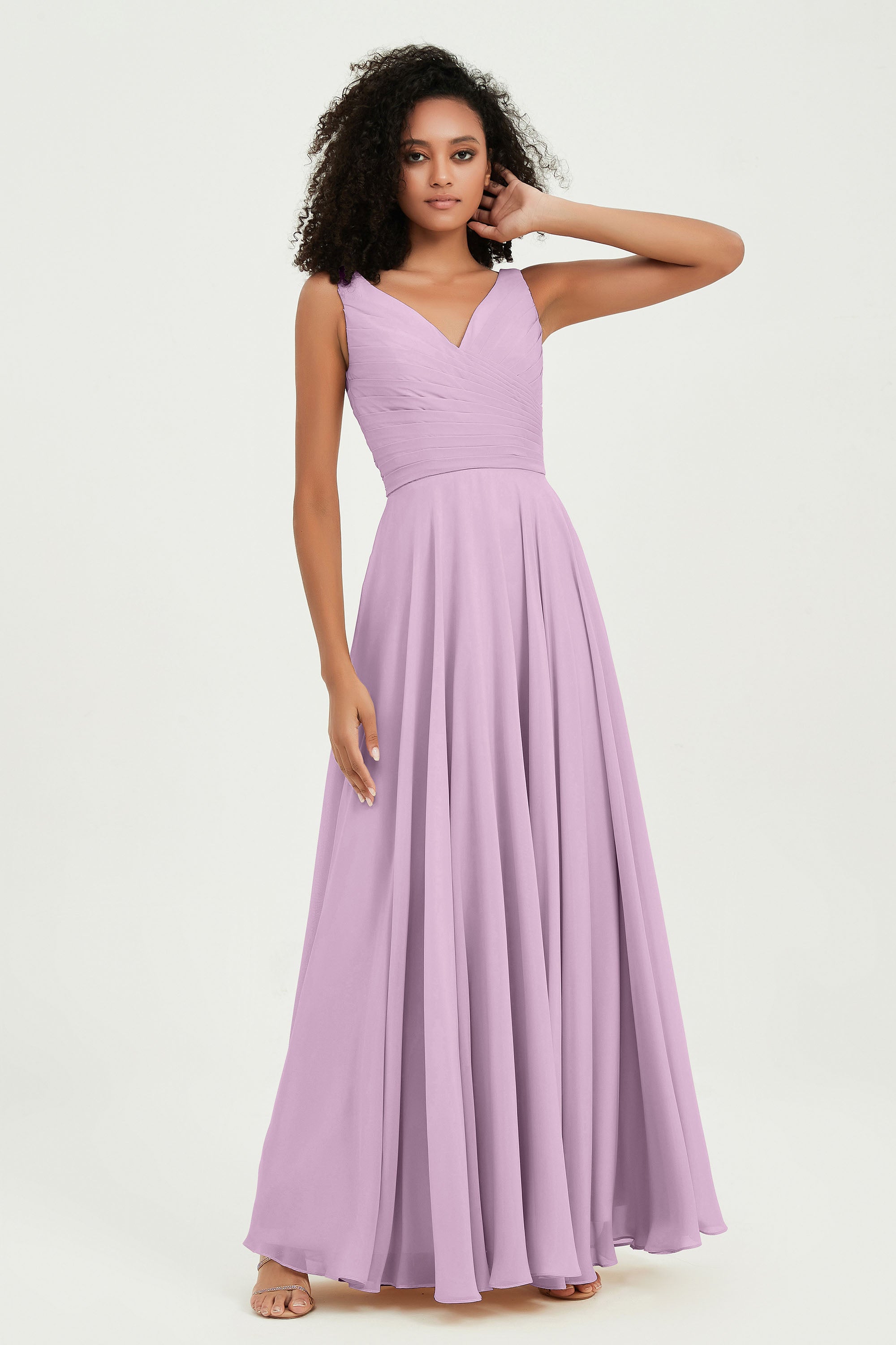 V Neck Chiffon Sleeveless Bridesmaid Dress Pleated Formal Evening Prom Dresses with Bow Sash