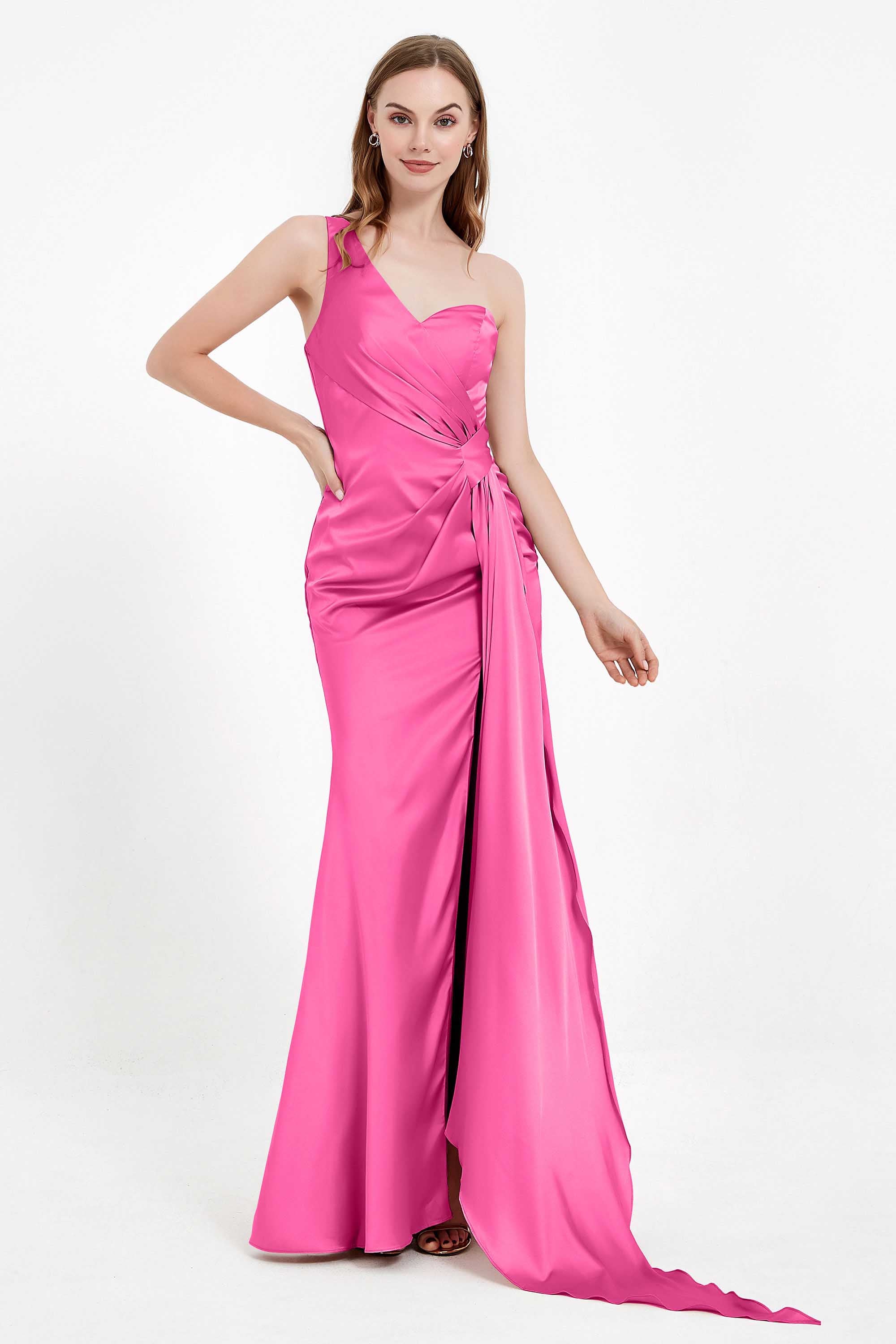One Shoulder Satin Pleated Formal Evening Dress Sheath Prom Party Gowns