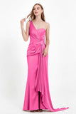 One Shoulder Satin Pleated Formal Evening Dress Sheath Prom Party Gowns