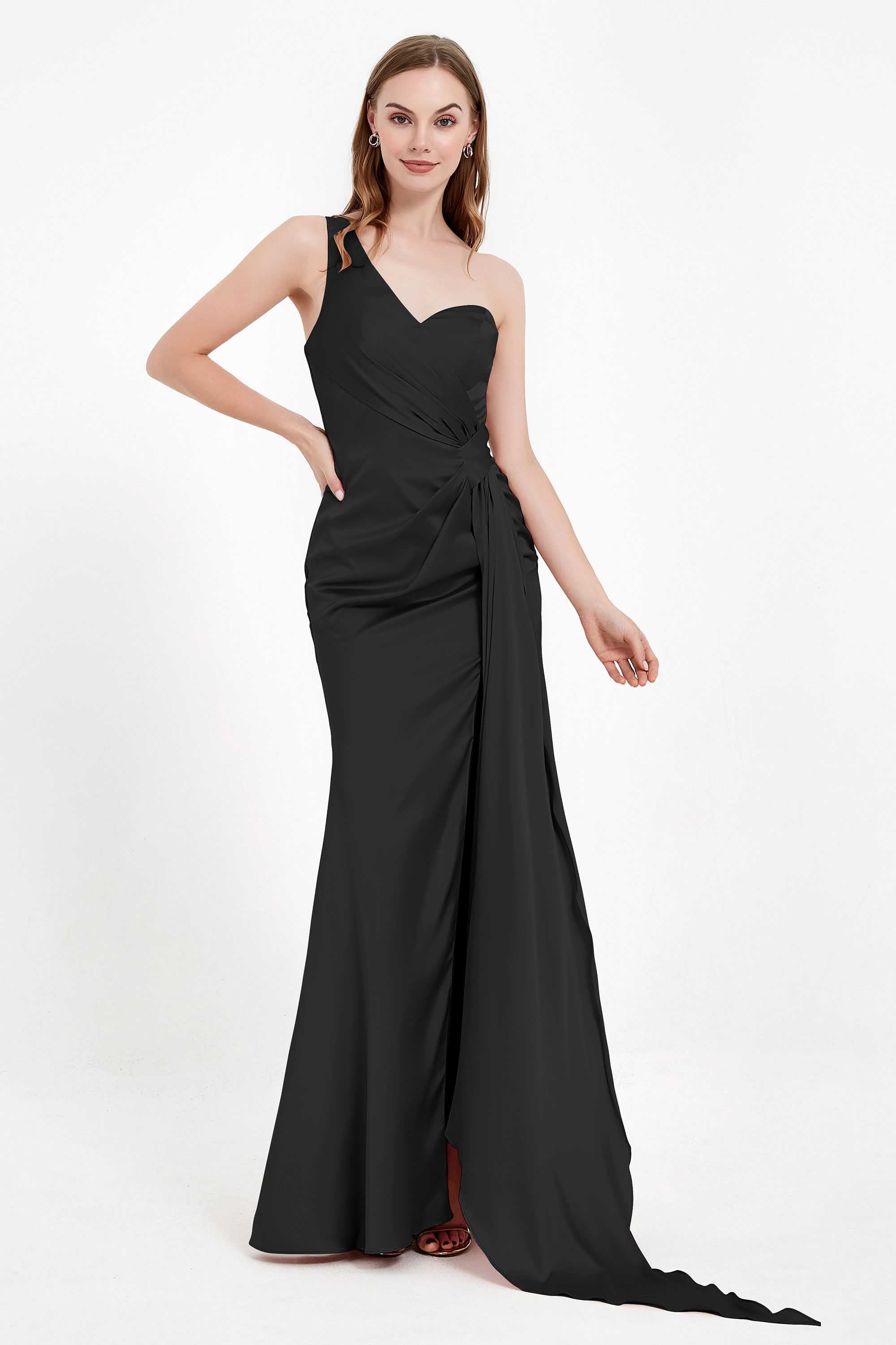 One Shoulder Satin Pleated Formal Evening Dress Sheath Prom Party Gowns