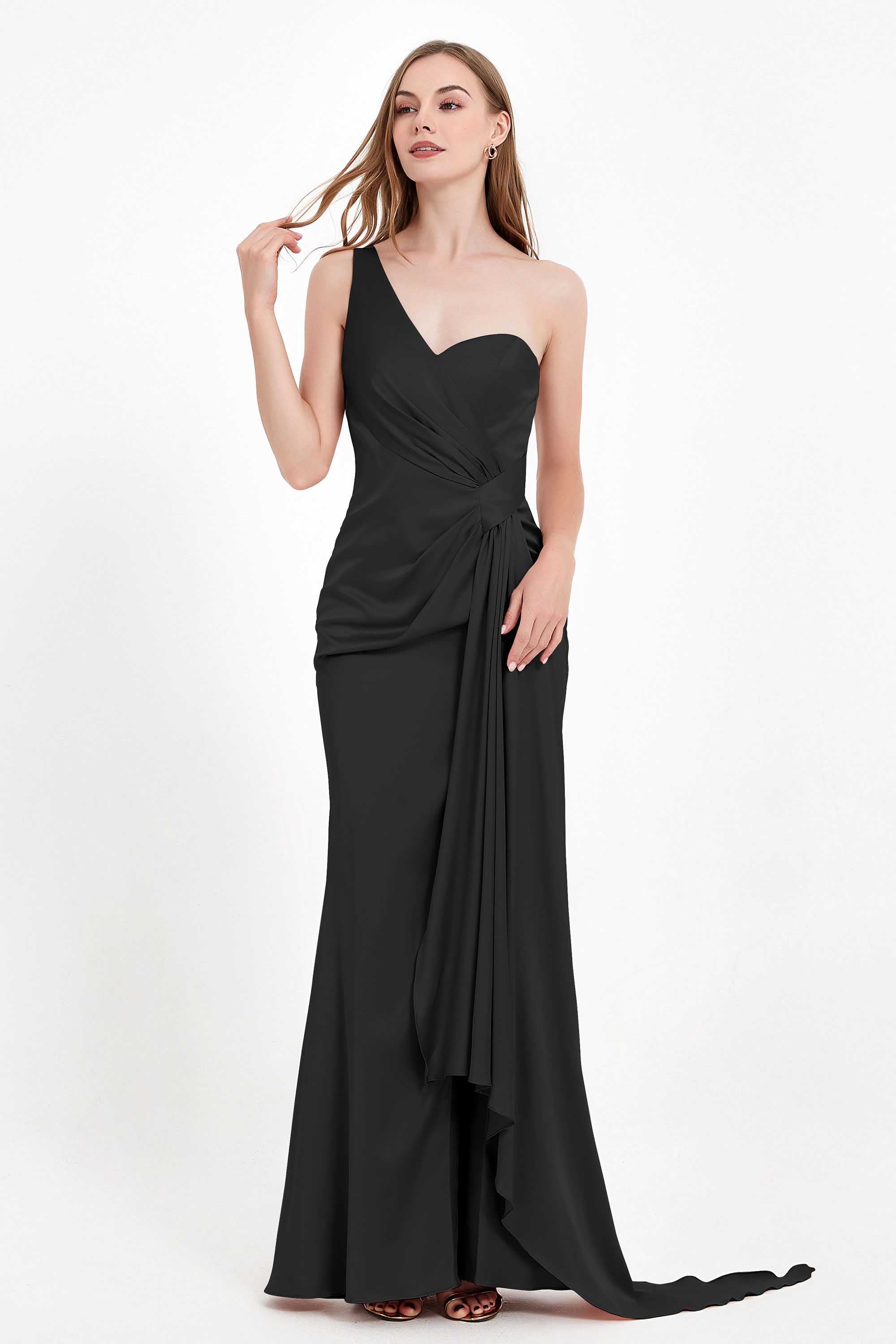 One Shoulder Satin Pleated Formal Evening Dress Sheath Prom Party Gowns