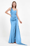 One Shoulder Satin Pleated Formal Evening Dress Sheath Prom Party Gowns