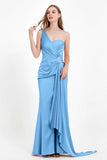 One Shoulder Satin Pleated Formal Evening Dress Sheath Prom Party Gowns