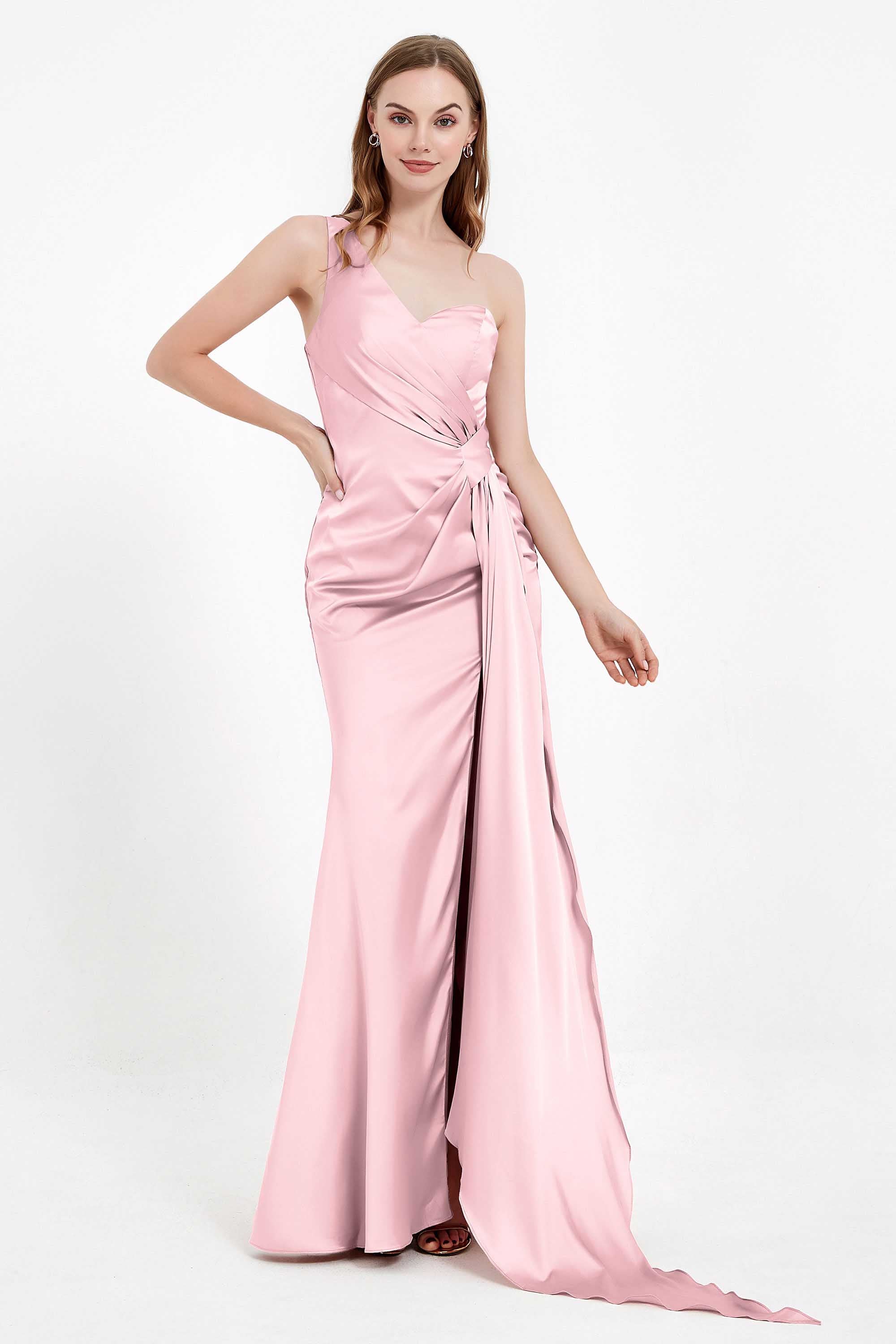 One Shoulder Satin Pleated Formal Evening Dress Sheath Prom Party Gowns