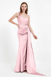 One Shoulder Satin Pleated Formal Evening Dress Sheath Prom Party Gowns