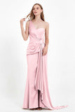 One Shoulder Satin Pleated Formal Evening Dress Sheath Prom Party Gowns