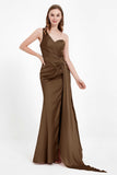 One Shoulder Satin Pleated Formal Evening Dress Sheath Prom Party Gowns