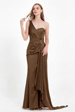 One Shoulder Satin Pleated Formal Evening Dress Sheath Prom Party Gowns