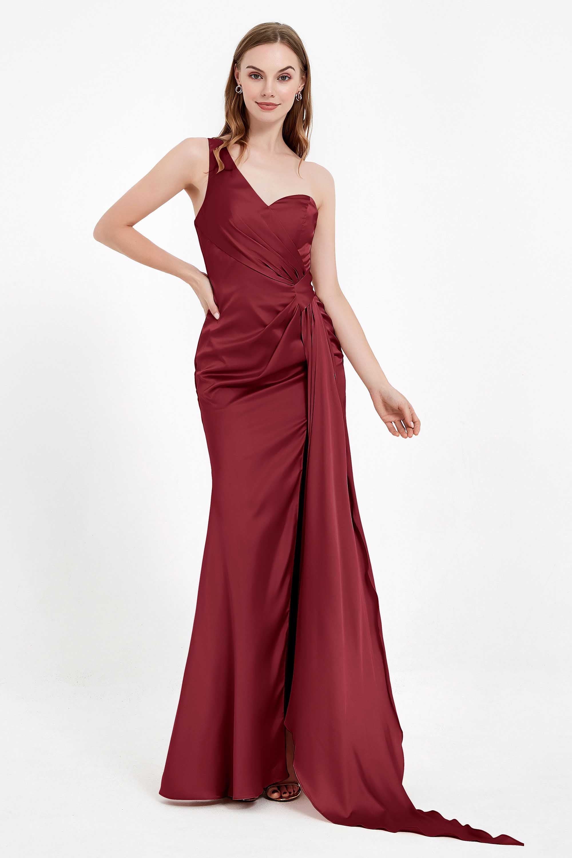 One Shoulder Satin Pleated Formal Evening Dress Sheath Prom Party Gowns