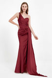 One Shoulder Satin Pleated Formal Evening Dress Sheath Prom Party Gowns