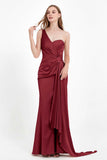 One Shoulder Satin Pleated Formal Evening Dress Sheath Prom Party Gowns