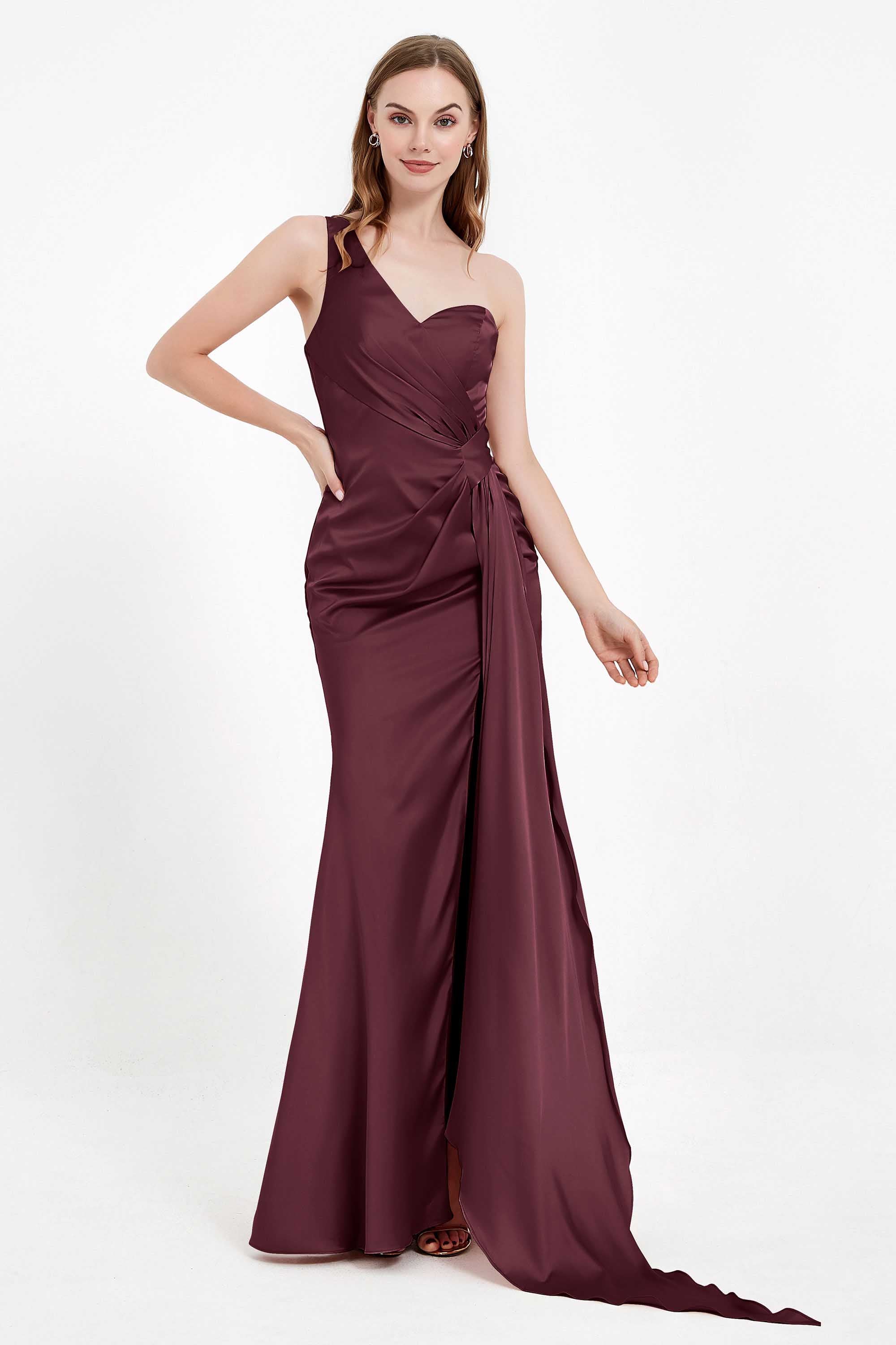 One Shoulder Satin Pleated Formal Evening Dress Sheath Prom Party Gowns