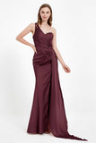 One Shoulder Satin Pleated Formal Evening Dress Sheath Prom Party Gowns