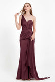 One Shoulder Satin Pleated Formal Evening Dress Sheath Prom Party Gowns