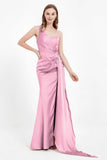 One Shoulder Satin Pleated Formal Evening Dress Sheath Prom Party Gowns