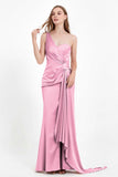 One Shoulder Satin Pleated Formal Evening Dress Sheath Prom Party Gowns