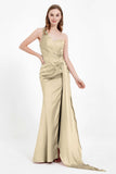 One Shoulder Satin Pleated Formal Evening Dress Sheath Prom Party Gowns