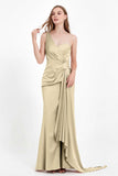 One Shoulder Satin Pleated Formal Evening Dress Sheath Prom Party Gowns