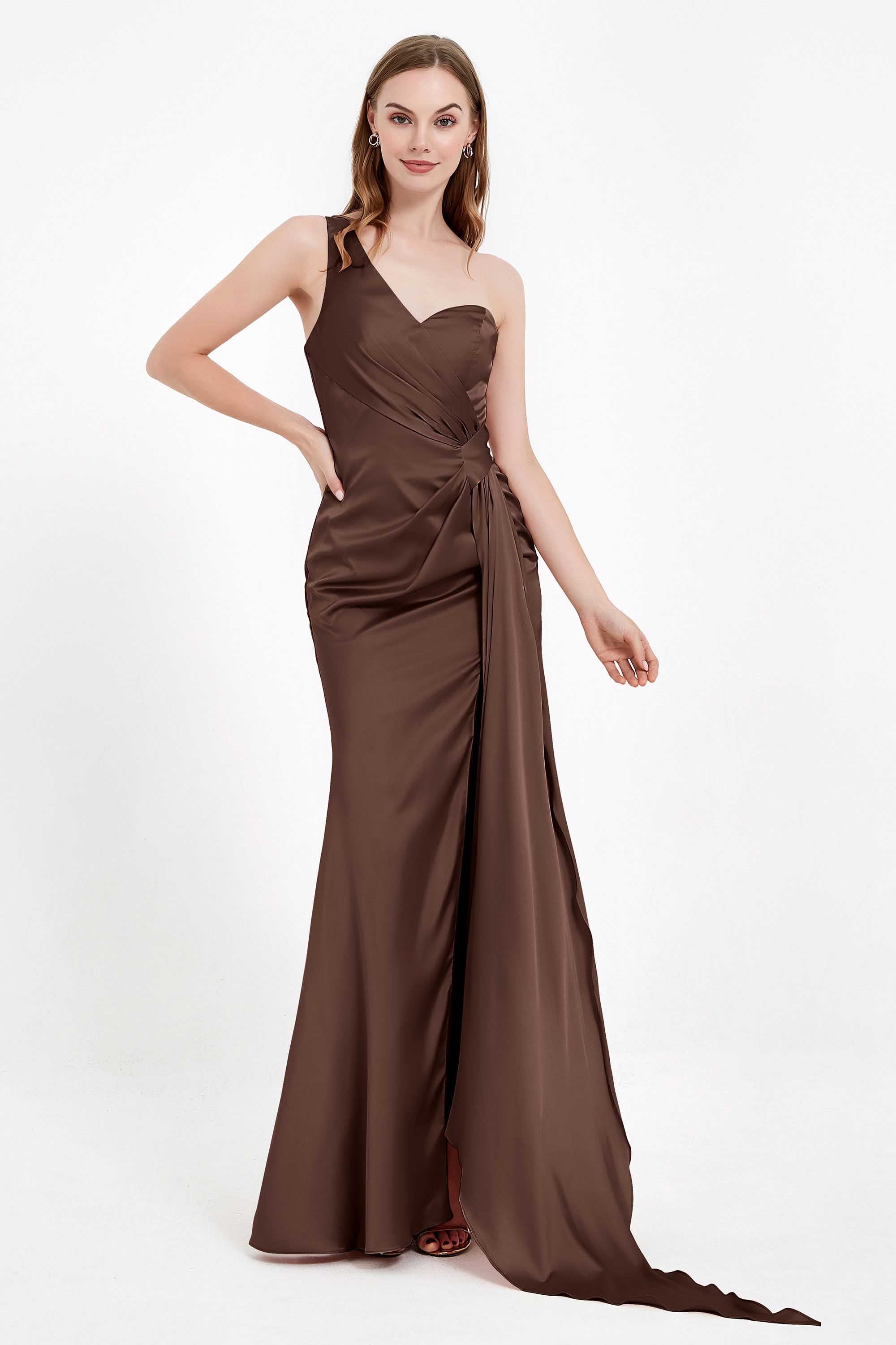 One Shoulder Satin Pleated Formal Evening Dress Sheath Prom Party Gowns