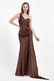 One Shoulder Satin Pleated Formal Evening Dress Sheath Prom Party Gowns