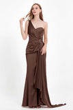 One Shoulder Satin Pleated Formal Evening Dress Sheath Prom Party Gowns