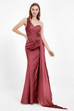 One Shoulder Satin Pleated Formal Evening Dress Sheath Prom Party Gowns