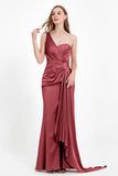 One Shoulder Satin Pleated Formal Evening Dress Sheath Prom Party Gowns