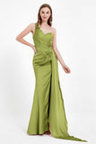 One Shoulder Satin Pleated Formal Evening Dress Sheath Prom Party Gowns