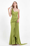 One Shoulder Satin Pleated Formal Evening Dress Sheath Prom Party Gowns