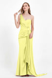 One Shoulder Satin Pleated Formal Evening Dress Sheath Prom Party Gowns