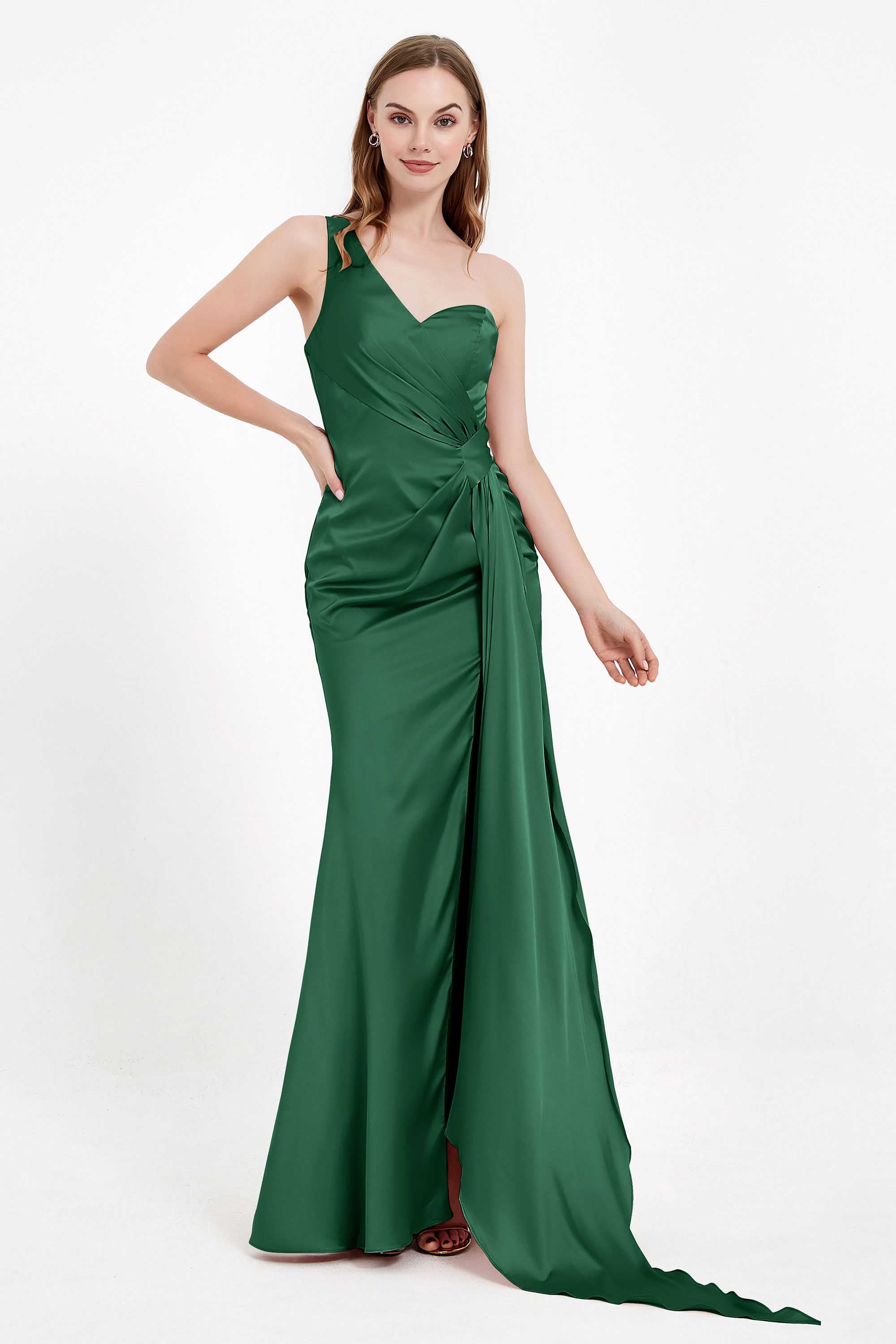 One Shoulder Satin Pleated Formal Evening Dress Sheath Prom Party Gowns