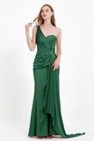 One Shoulder Satin Pleated Formal Evening Dress Sheath Prom Party Gowns