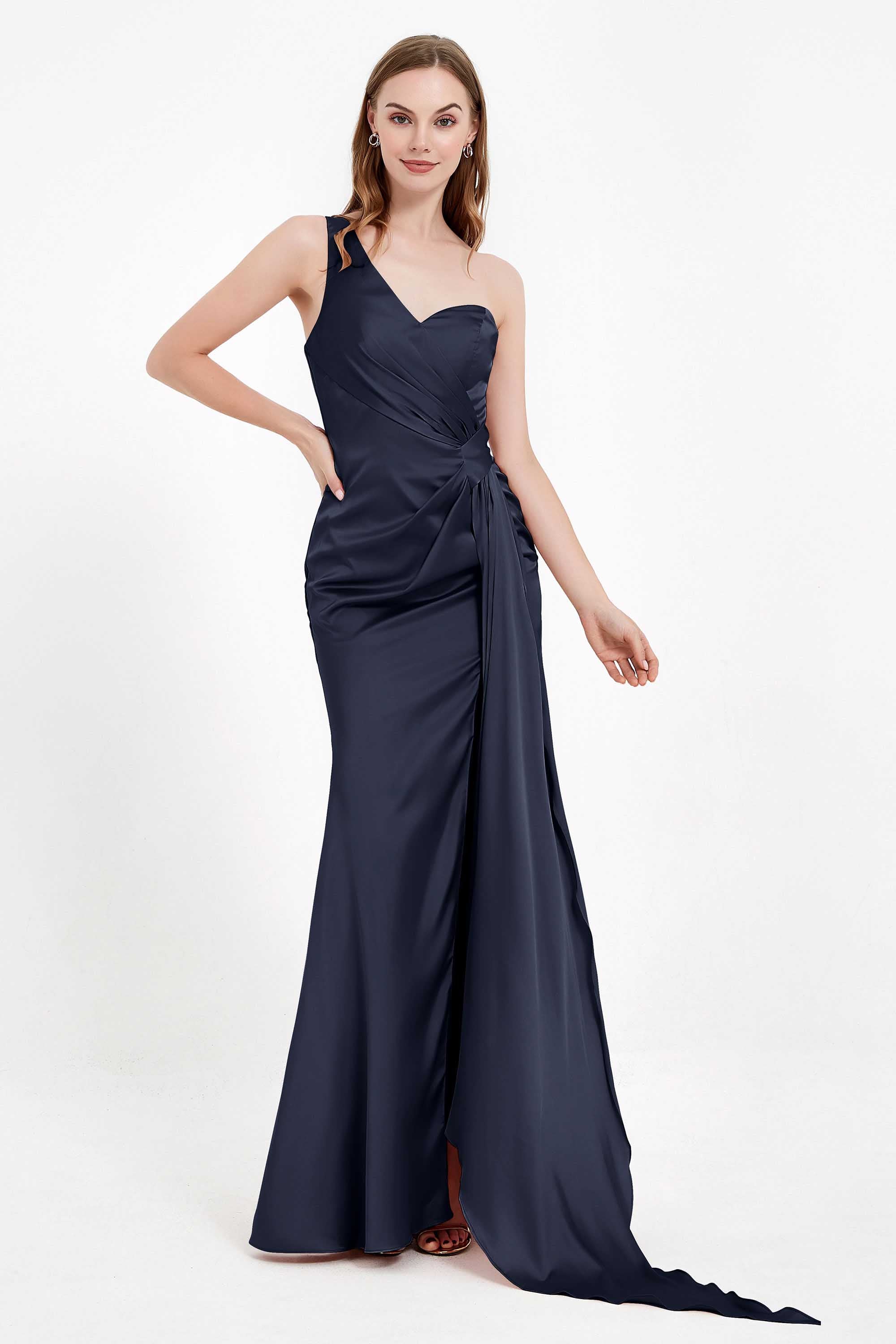 One Shoulder Satin Pleated Formal Evening Dress Sheath Prom Party Gowns