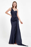 One Shoulder Satin Pleated Formal Evening Dress Sheath Prom Party Gowns