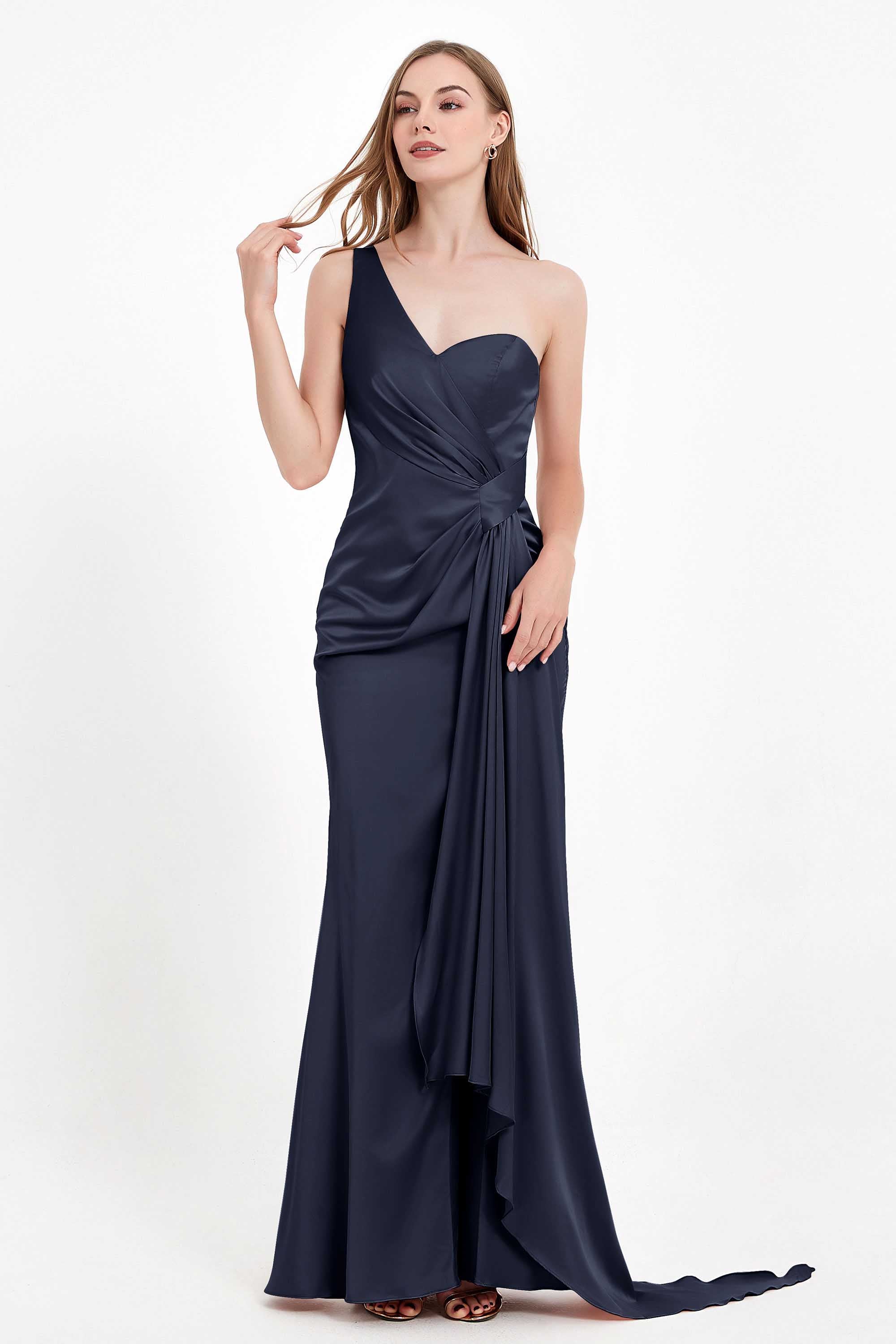 One Shoulder Satin Pleated Formal Evening Dress Sheath Prom Party Gowns