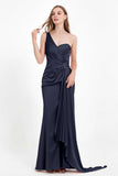 One Shoulder Satin Pleated Formal Evening Dress Sheath Prom Party Gowns
