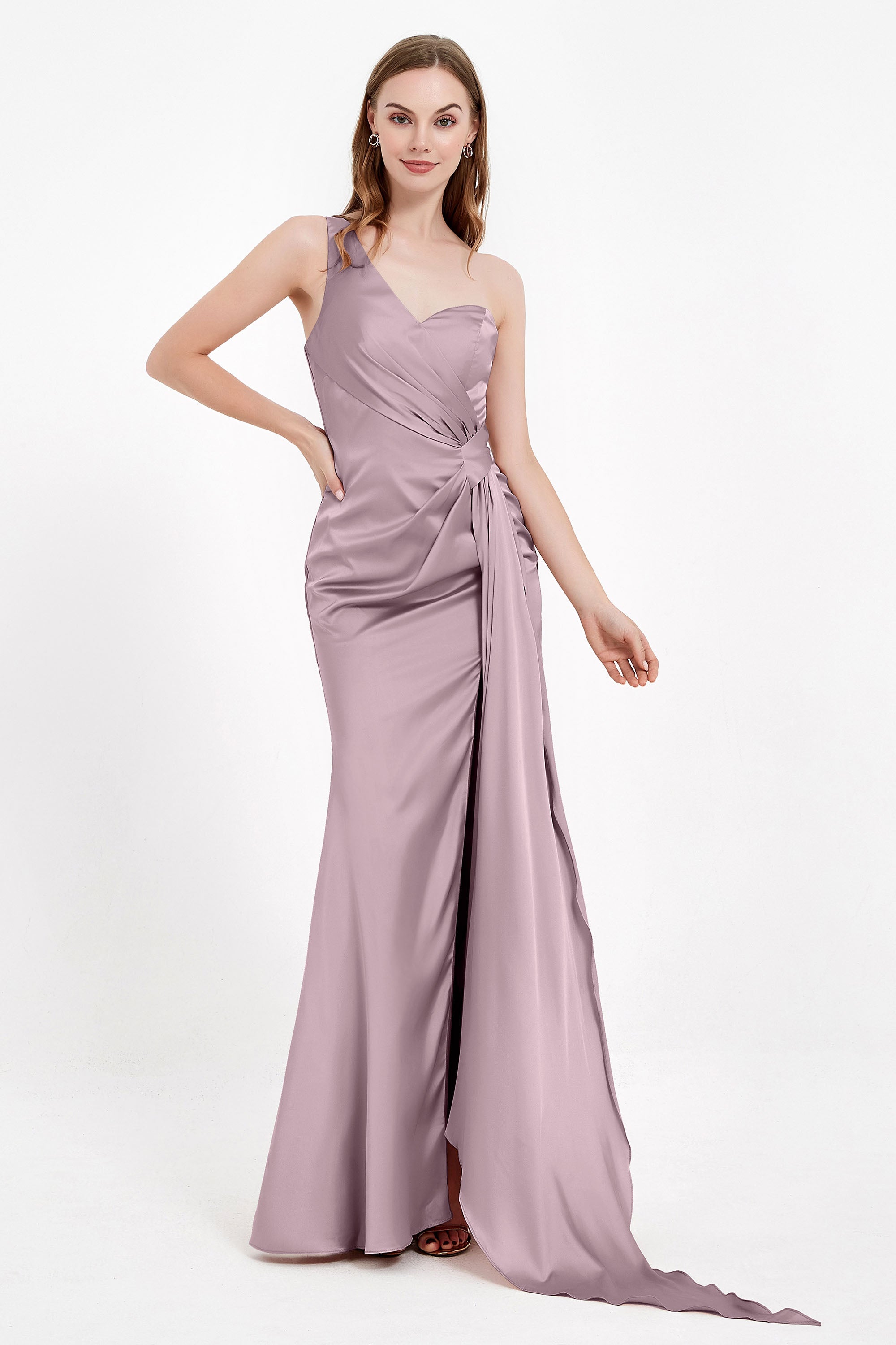 One Shoulder Satin Pleated Formal Evening Dress Sheath Prom Party Gowns