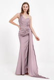 One Shoulder Satin Pleated Formal Evening Dress Sheath Prom Party Gowns