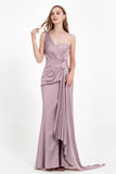 One Shoulder Satin Pleated Formal Evening Dress Sheath Prom Party Gowns