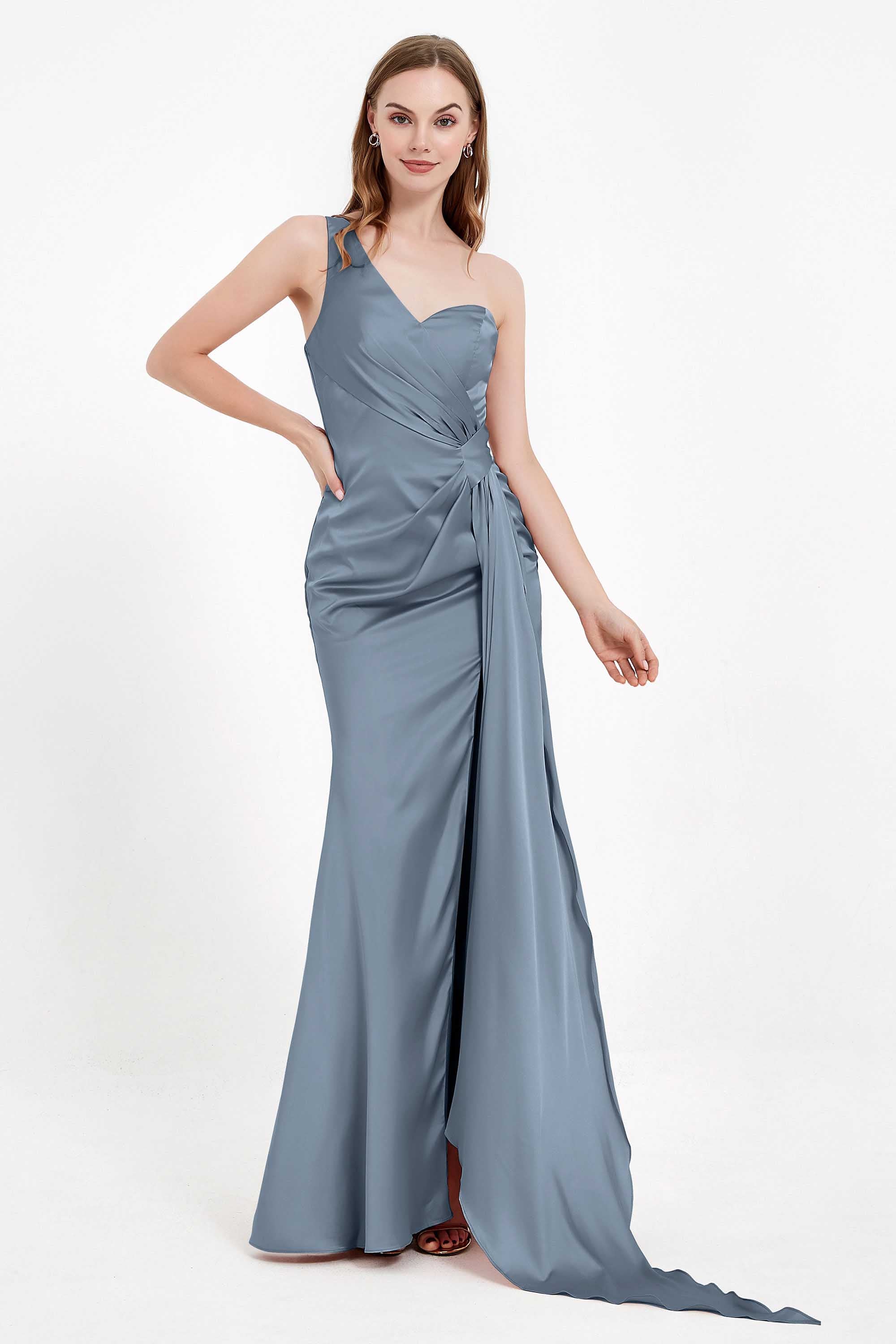 One Shoulder Satin Pleated Formal Evening Dress Sheath Prom Party Gowns