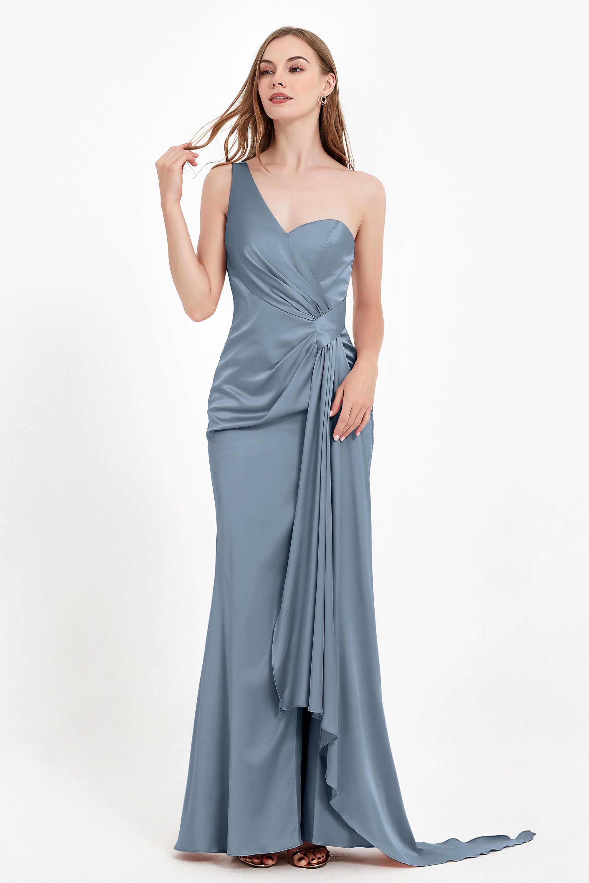 One Shoulder Satin Pleated Formal Evening Dress Sheath Prom Party Gowns