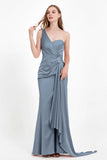 One Shoulder Satin Pleated Formal Evening Dress Sheath Prom Party Gowns