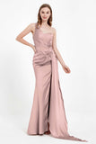 One Shoulder Satin Pleated Formal Evening Dress Sheath Prom Party Gowns