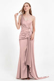 One Shoulder Satin Pleated Formal Evening Dress Sheath Prom Party Gowns