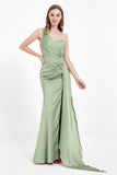 One Shoulder Satin Pleated Formal Evening Dress Sheath Prom Party Gowns