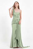 One Shoulder Satin Pleated Formal Evening Dress Sheath Prom Party Gowns