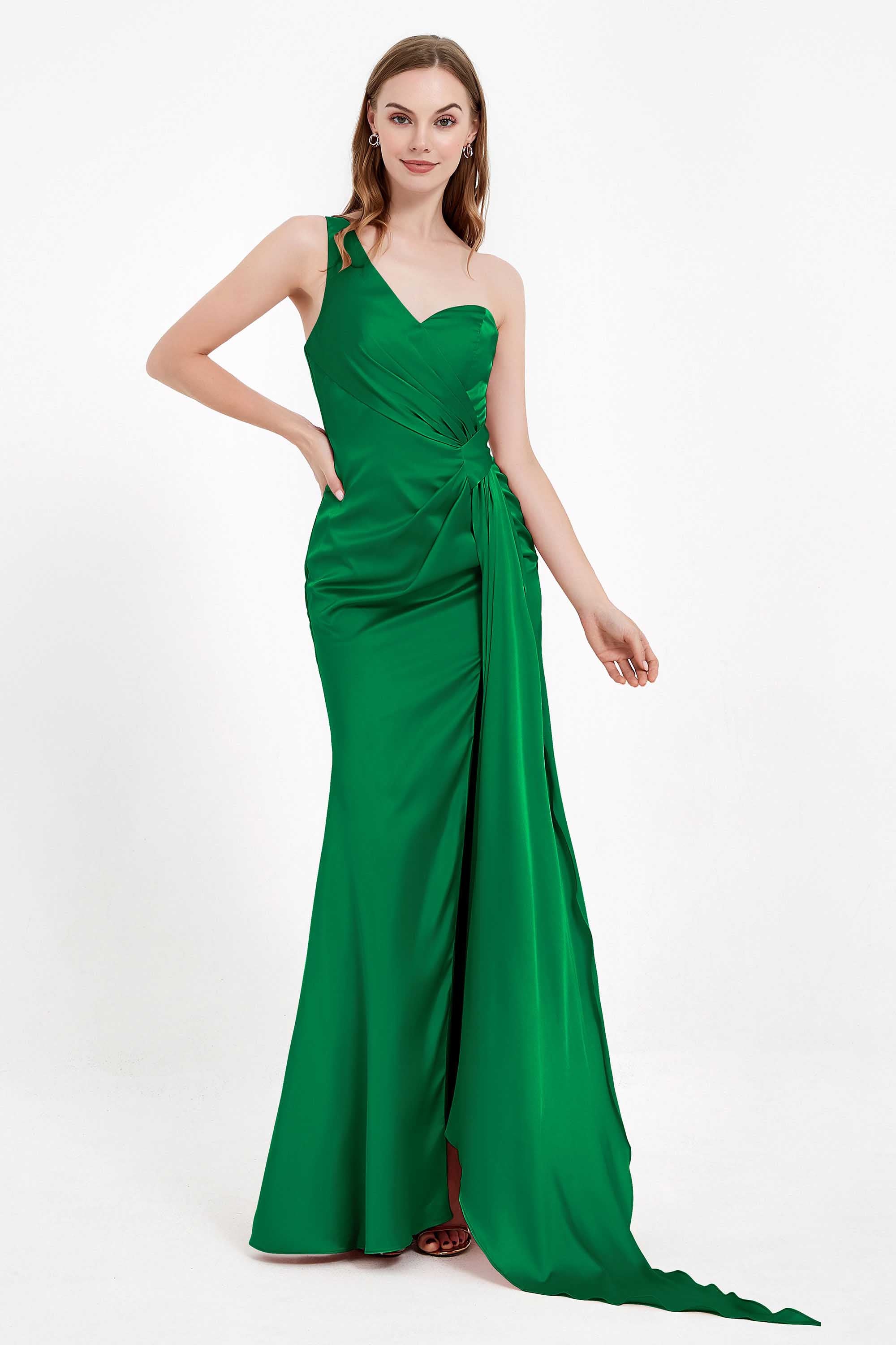 One Shoulder Satin Pleated Formal Evening Dress Sheath Prom Party Gowns