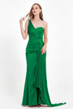 One Shoulder Satin Pleated Formal Evening Dress Sheath Prom Party Gowns