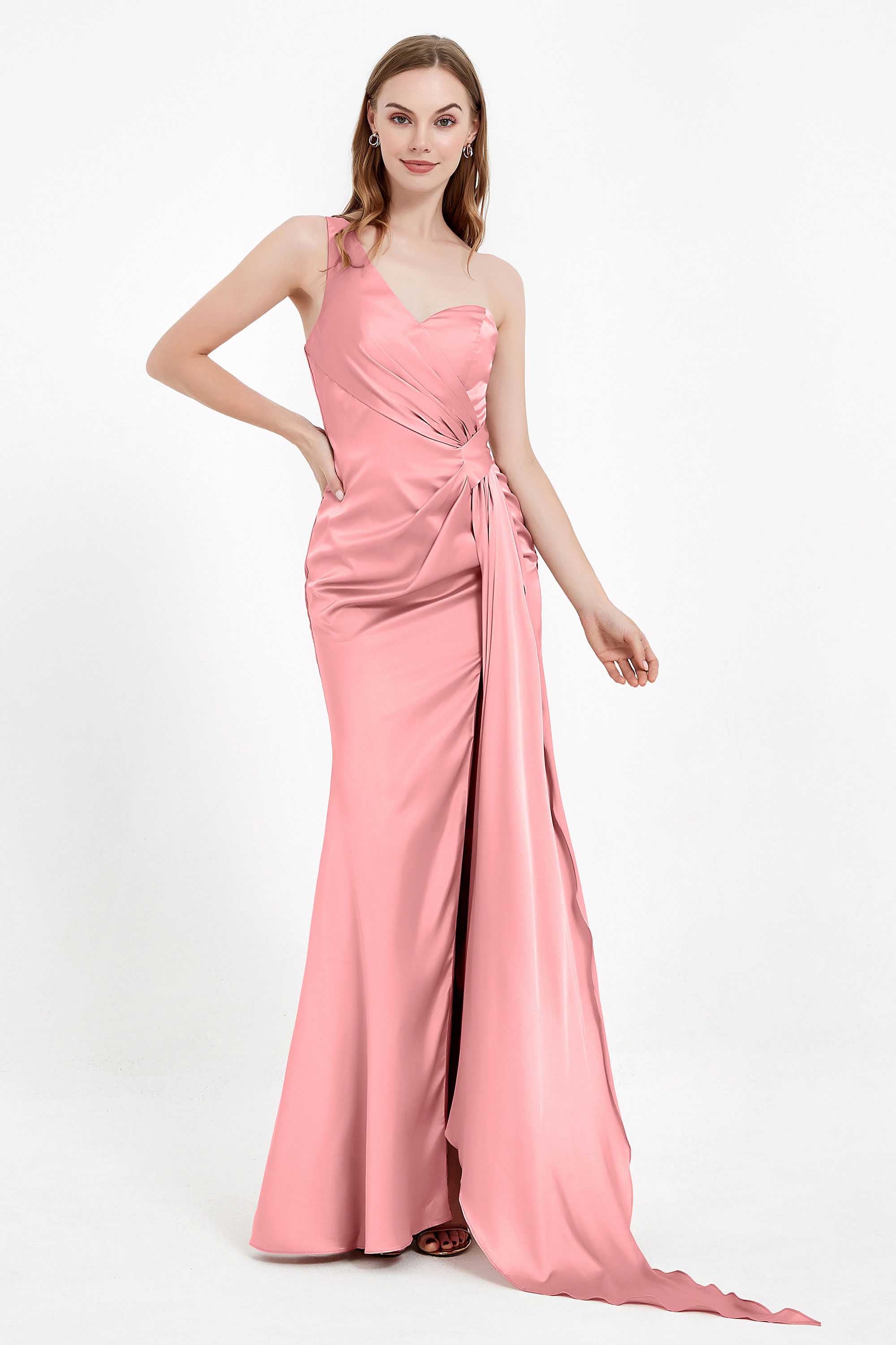 One Shoulder Satin Pleated Formal Evening Dress Sheath Prom Party Gowns